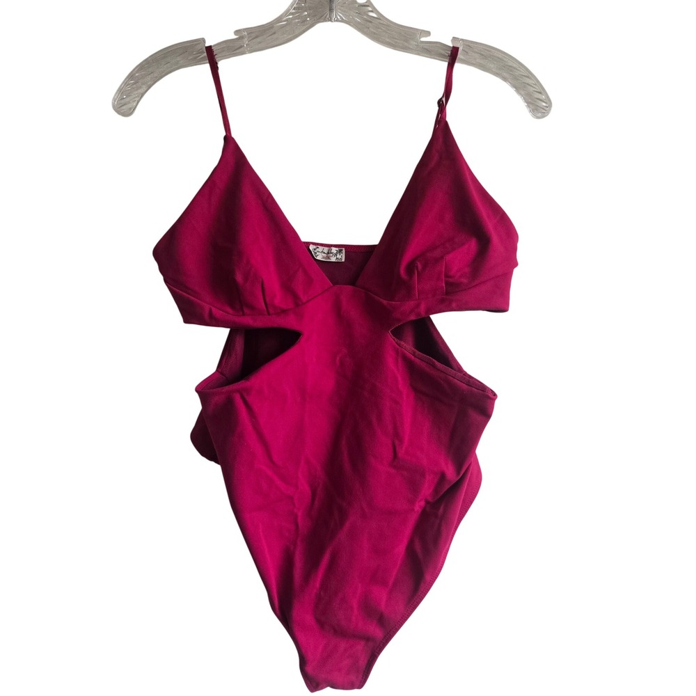 Free People Medium Bodysuit Women Magenta Excellent Cut-out Ribbed V-Neck